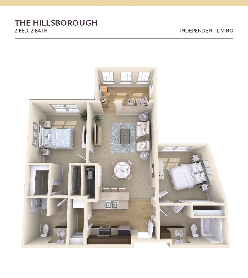 3D floor plan of The Hillsborough independent living apartment with 2 bedrooms and 2 bathrooms. The layout includes a living room with sofa and TV, a dining area with a round table and four chairs, a kitchen with appliances and a breakfast bar with three stools, two bedrooms each with a bed and nightstands, and two bathrooms with sinks, toilets, and a bathtub in one.