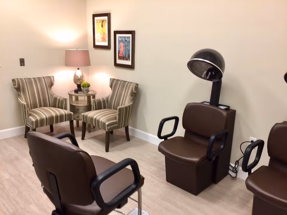 Interior view of a salon area with two brown salon chairs with hair dryer hoods, two striped armchairs, a small round table with a lamp and a small plant, and two framed pictures on the wall.