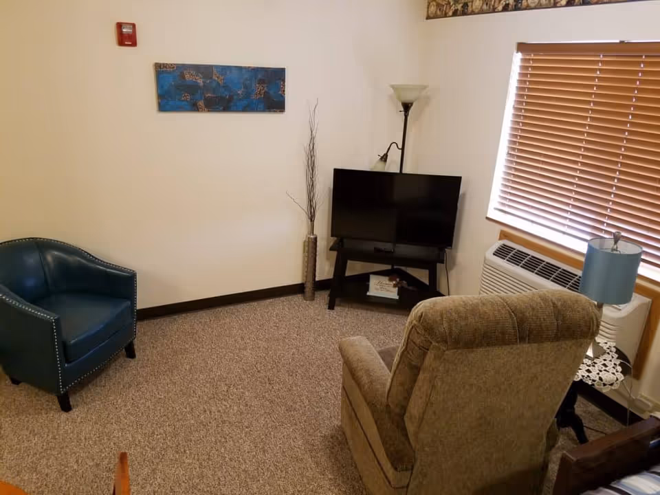 A small living room area with a beige recliner chair facing a flat-screen TV on a black stand. To the left is a dark green armchair. There is a floor lamp behind the TV and a small table with a blue lamp next to the recliner. The window has wooden blinds, and the floor is carpeted. A decorative vase with tall sticks and a blue wall art piece are on the wall.