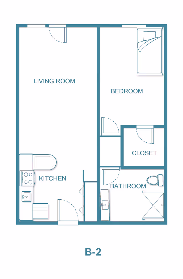 Floor plan of a one-bedroom apartment labeled B-2, showing a living room, kitchen, bedroom, closet, and bathroom with fixtures.