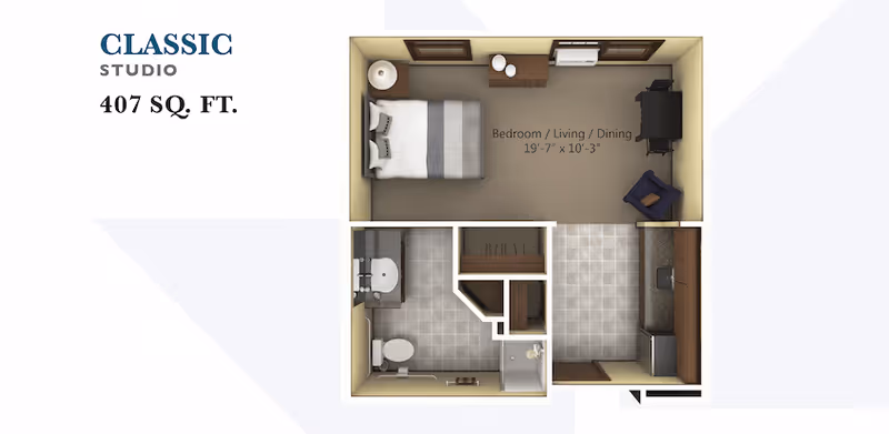 Floor plan of a classic studio apartment with 407 square feet. The layout includes a combined bedroom, living, and dining area with a bed, chair, and TV. There is a separate bathroom with a toilet, sink, and shower, and a kitchen area with appliances and cabinetry.