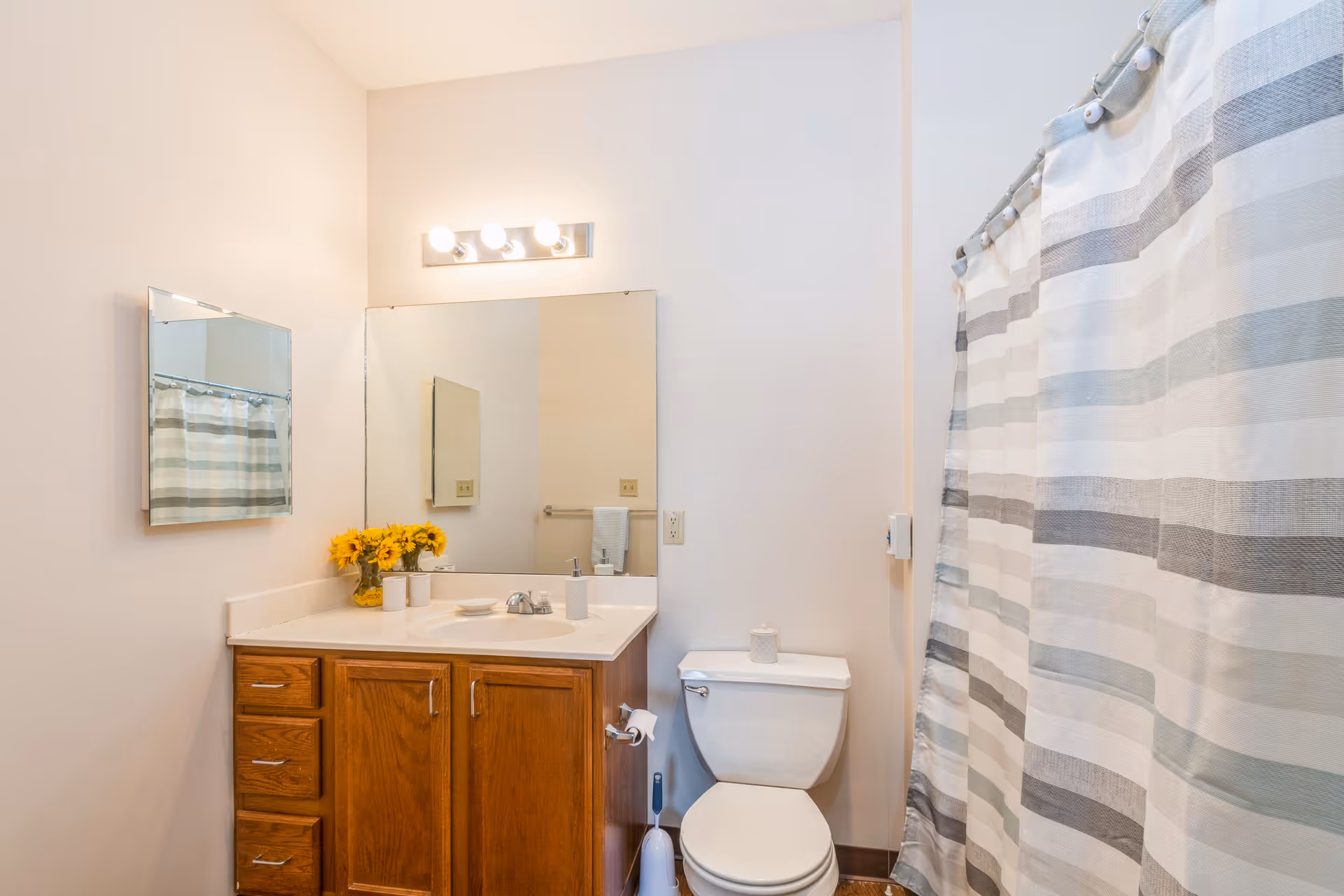 A bathroom with a wooden vanity and sink topped by a mirror, a toilet, and a striped shower curtain.