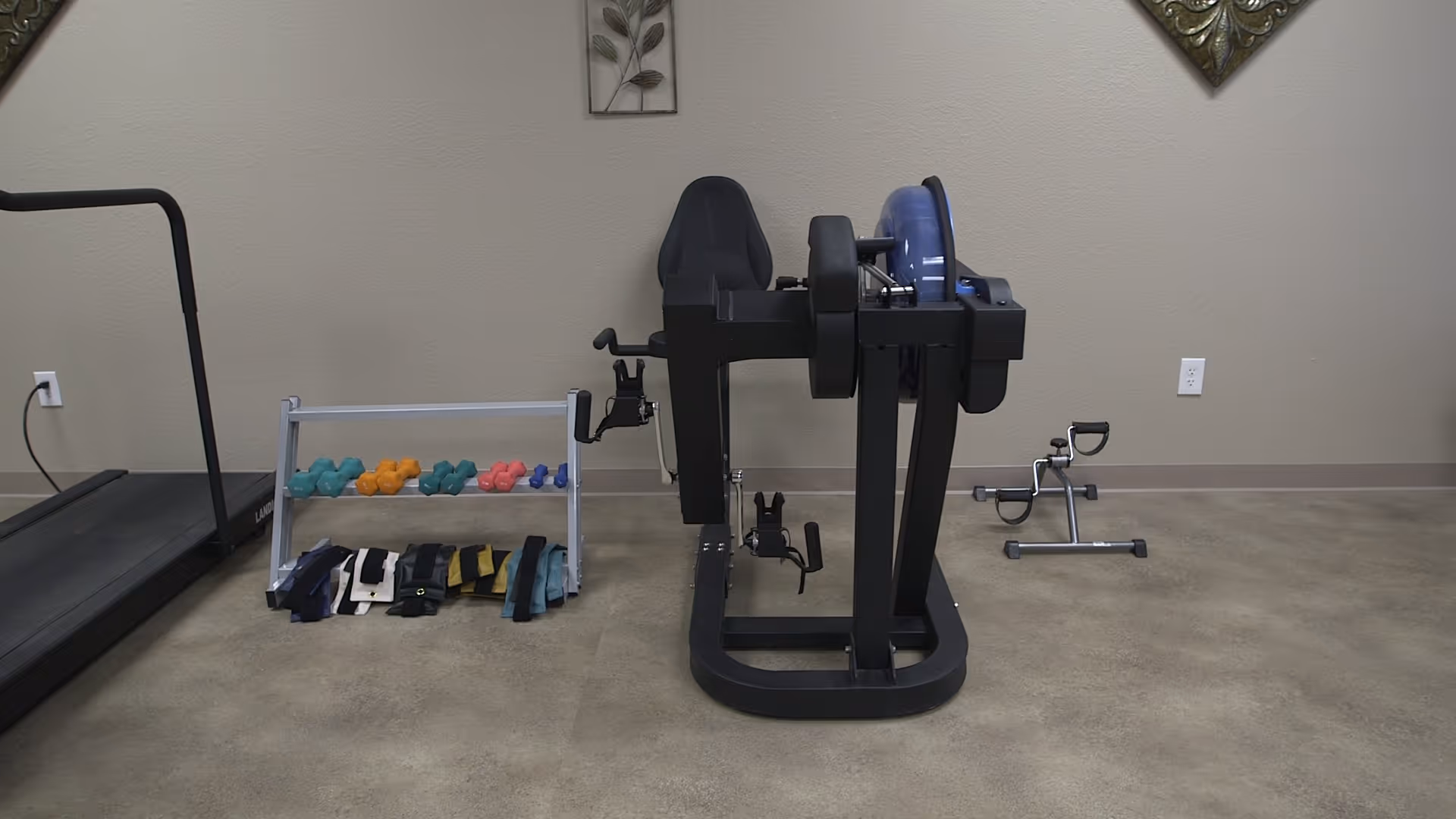 Indoor exercise area with a treadmill on the left, a rowing machine in the center, a small pedal exerciser on the right, and a rack of colorful dumbbells and resistance bands against a beige wall.