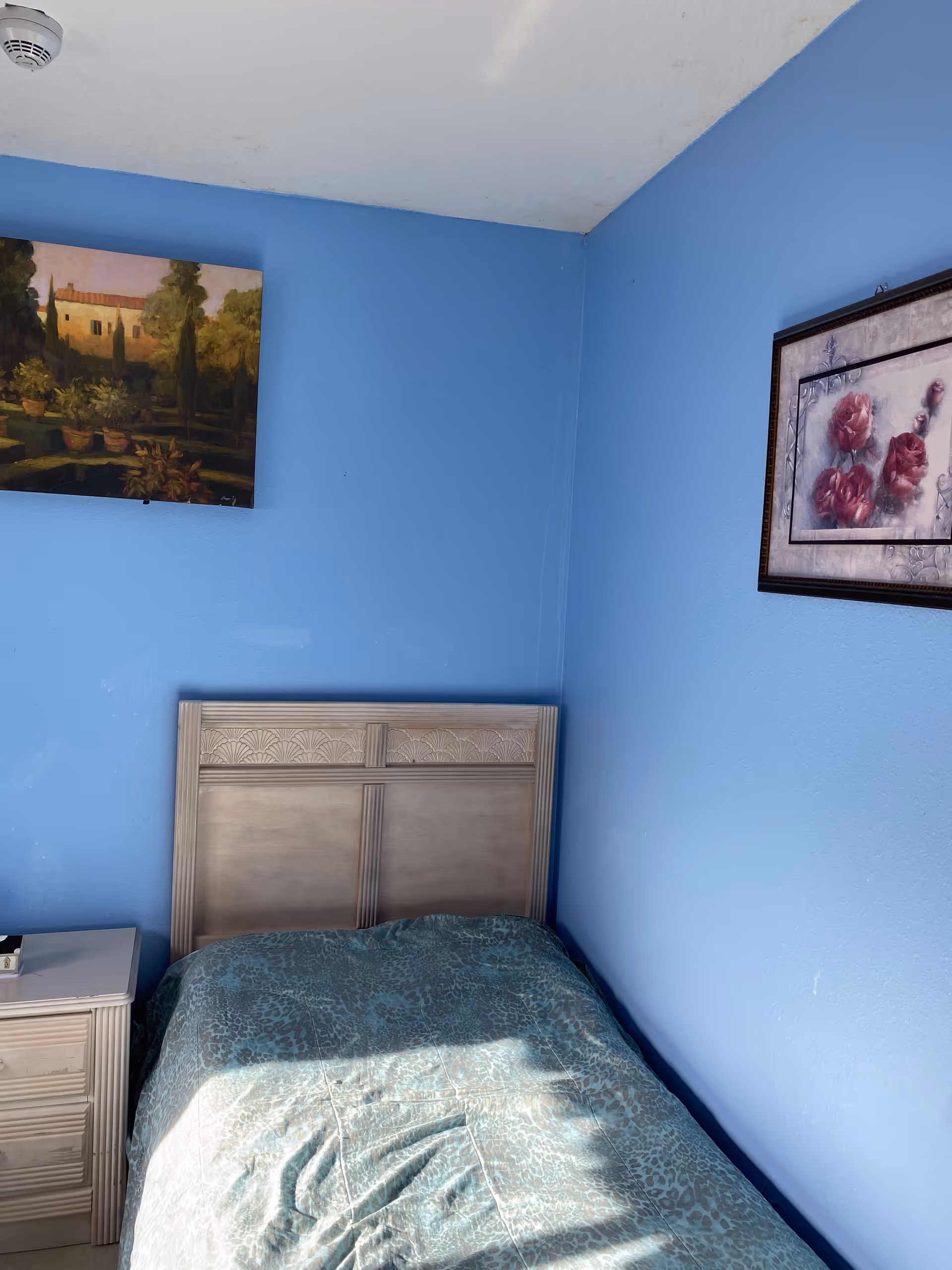 A small bedroom with blue walls featuring a single bed with a patterned blue-green bedspread. There is a wooden headboard and a matching nightstand with a small object on it. Two framed paintings hang on the walls, one depicting a landscape and the other showing pink flowers.