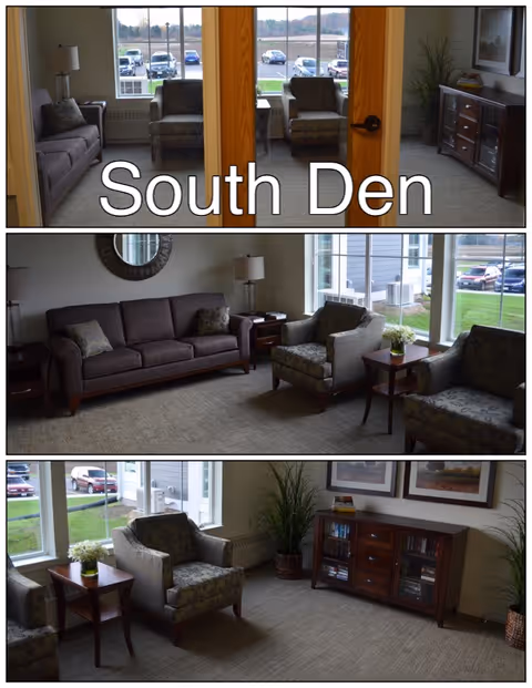 Communal den with sofas, armchairs, side tables and a wooden cabinet beside large windows, overlaid with the label "South Den".