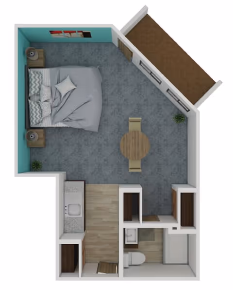 Top-down view of a senior living studio apartment floor plan featuring a sleeping area with a bed and two nightstands, a small round dining table with two chairs, a kitchenette with a sink, and a bathroom with a toilet and shower. The apartment has carpeted and wood flooring and a small balcony area.