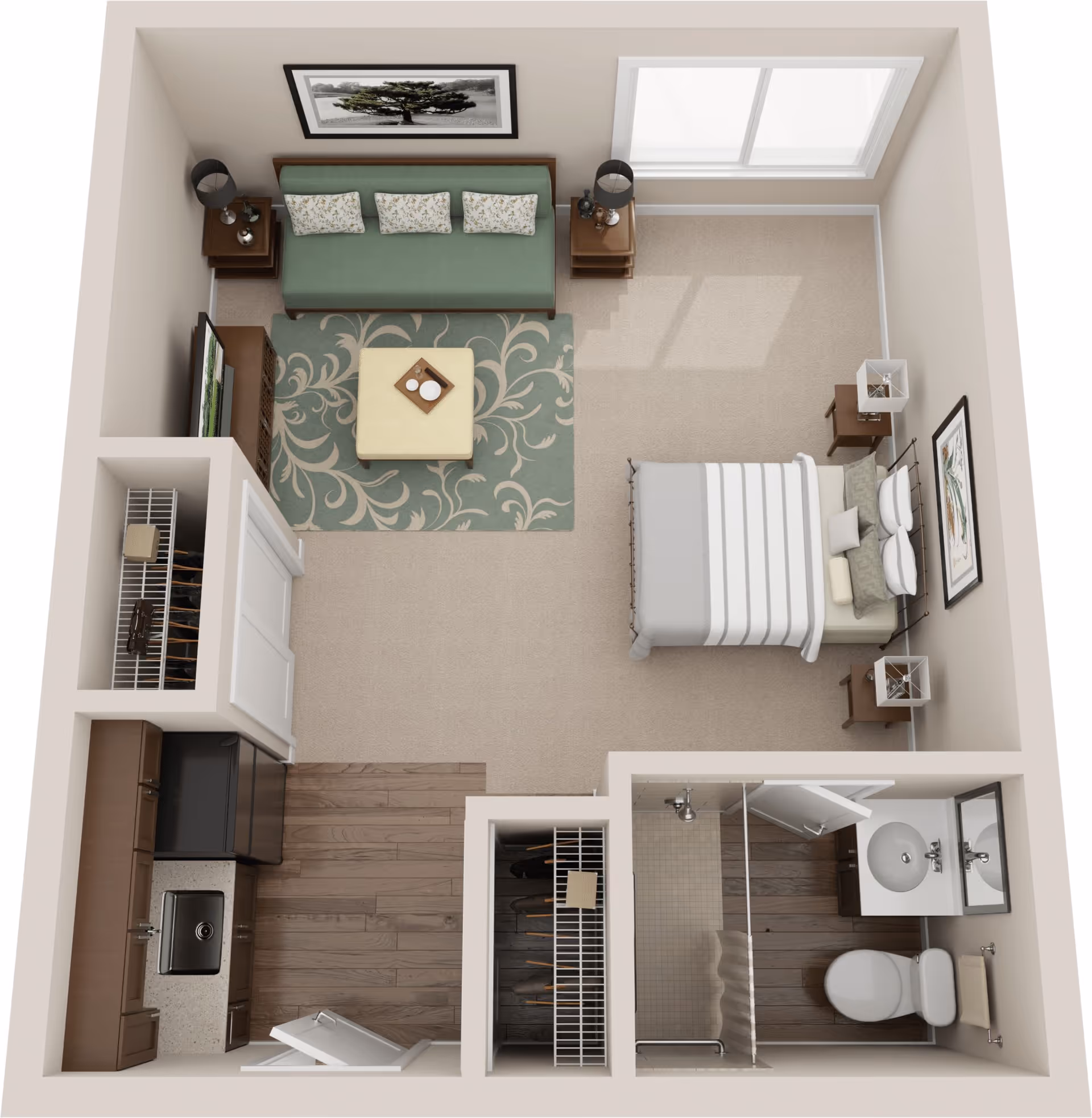 Top-down view of a senior living studio apartment floor plan featuring a bedroom area with a bed, two nightstands, and a framed picture on the wall. Adjacent to the bedroom is a living area with a green sofa, three pillows, a coffee table on a patterned rug, and a TV on a stand. The kitchen area has wooden cabinets, a sink, and a refrigerator. There are two closets near the entrance. The bathroom includes a toilet, sink with vanity, and a shower with a glass door.