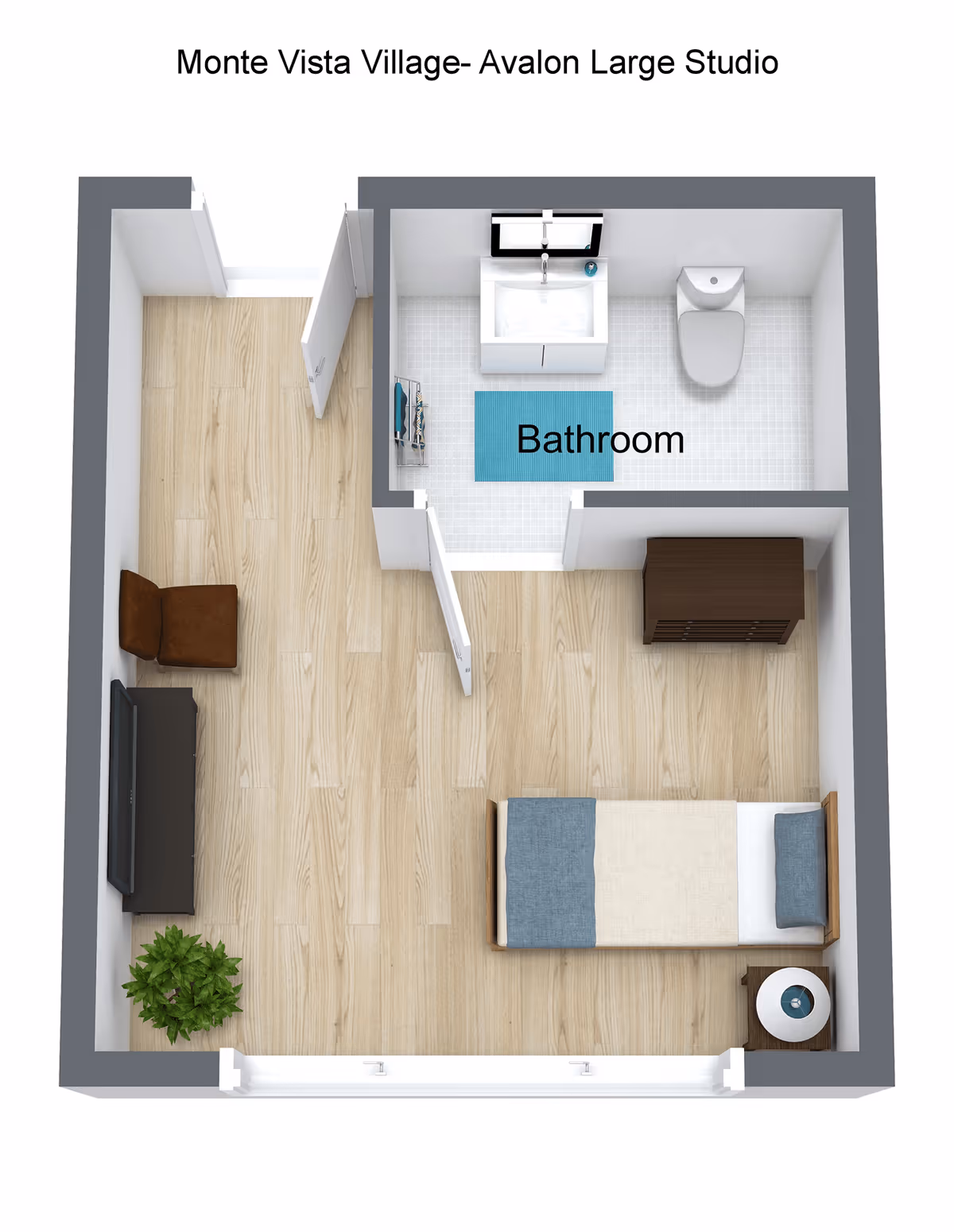 3D floor plan of Monte Vista Village Avalon Large Studio showing a studio apartment layout with a bathroom, a single bed with a pillow and blanket, a nightstand with a lamp, a dresser, a chair, a TV on a stand, and a plant. The bathroom includes a sink, toilet, and a blue bath mat labeled 'Bathroom'.