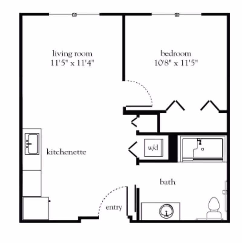 Floor plan layout of a senior living unit at StoryPoint Bolingbrook showing a living room measuring 11 feet 5 inches by 11 feet 4 inches, a bedroom measuring 10 feet 8 inches by 11 feet 5 inches, a kitchenette, an entry area, a bathroom with a sink, toilet, and bathtub, and a washer/dryer area.