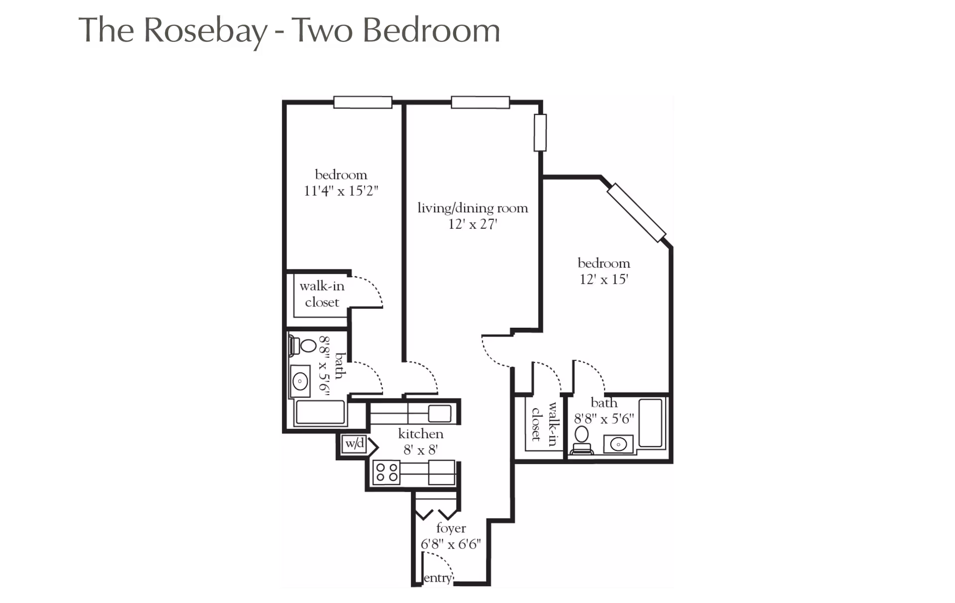 Floor plan titled 'The Rosebay - Two Bedroom' showing layout with two bedrooms, two bathrooms, a living/dining room, kitchen, foyer, and walk-in closets.