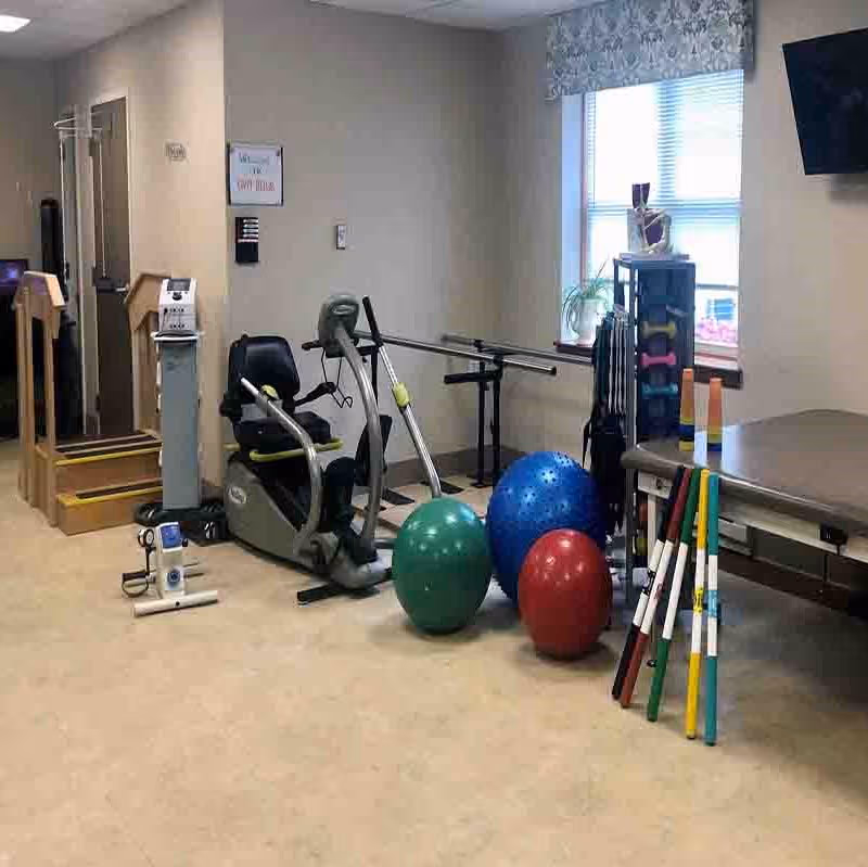 A therapy room featuring exercise equipment, including a stationary bike, therapy balls in various colors, and parallel bars, with a large window providing natural light.