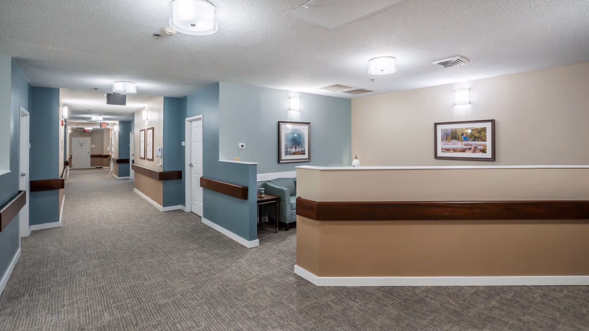 A clean and well-lit hallway in a senior living facility with blue and beige walls, carpeted floor, handrails along the walls, framed artwork, and a small seating area with a chair and side table.