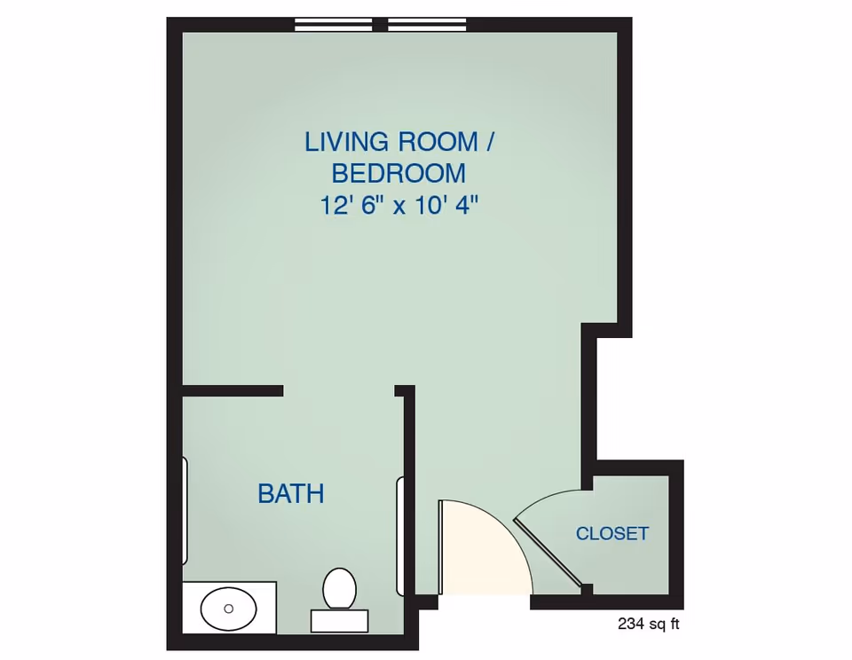 Floor plan of a living space at Buckner Westminster Place showing a combined living room and bedroom area measuring 12 feet 6 inches by 10 feet 4 inches, a bathroom with a sink and toilet, and a closet. The total area is 234 square feet.