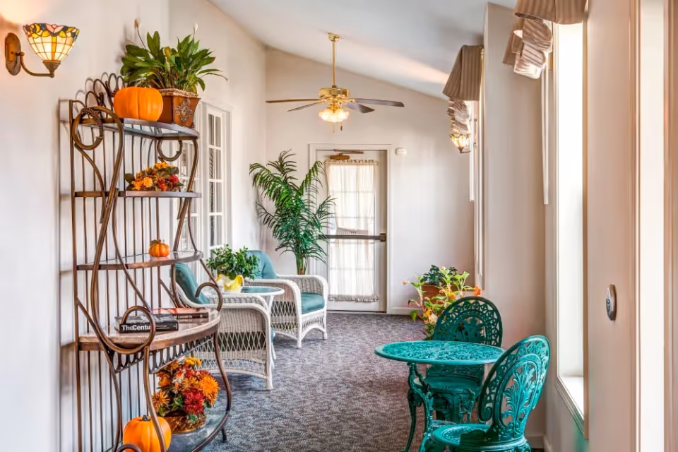 A bright indoor sitting area with a carpeted floor, featuring a green metal table and two matching chairs near windows with beige valances. On the left side, there is a decorative metal shelf holding small pumpkins, plants, and books. Further back, two white wicker chairs with green cushions are placed near a potted plant and a door with a sheer curtain. The ceiling has a fan with lights, and wall sconces provide additional lighting.
