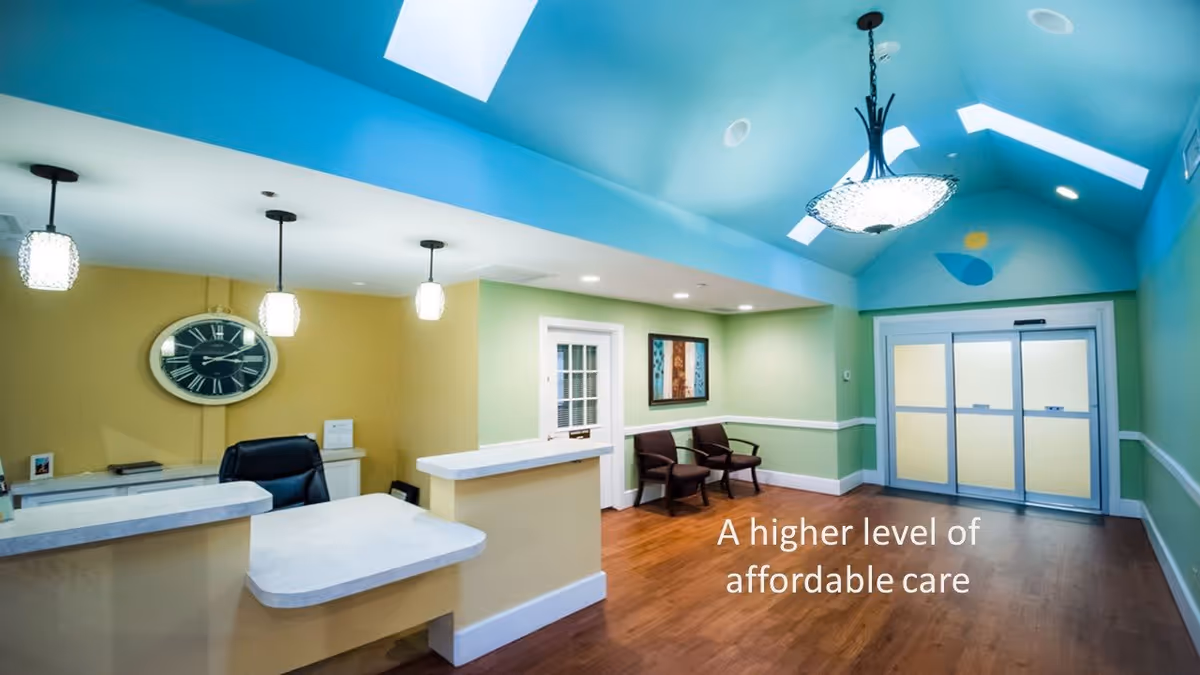 Reception area of Oasis Dementia Care facility with a yellow and green color scheme, a clock on the wall behind the reception desk, three pendant lights hanging from the ceiling, two chairs against the green wall, a framed artwork, and double glass doors at the far end. The ceiling is blue with skylights and a chandelier. Text on the floor reads 'A higher level of affordable care'.