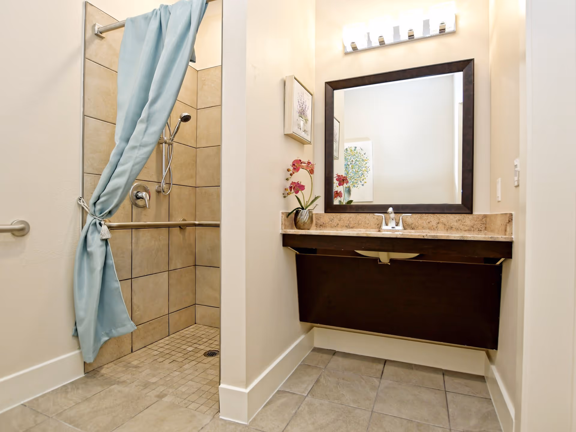 A bathroom with a tiled walk-in shower featuring a silver showerhead and grab bars, a light blue shower curtain tied to the side, and a vanity with a granite countertop, a sink, a dark-framed mirror, and a small potted orchid plant. The walls are light-colored and there is a framed picture hanging beside the mirror.