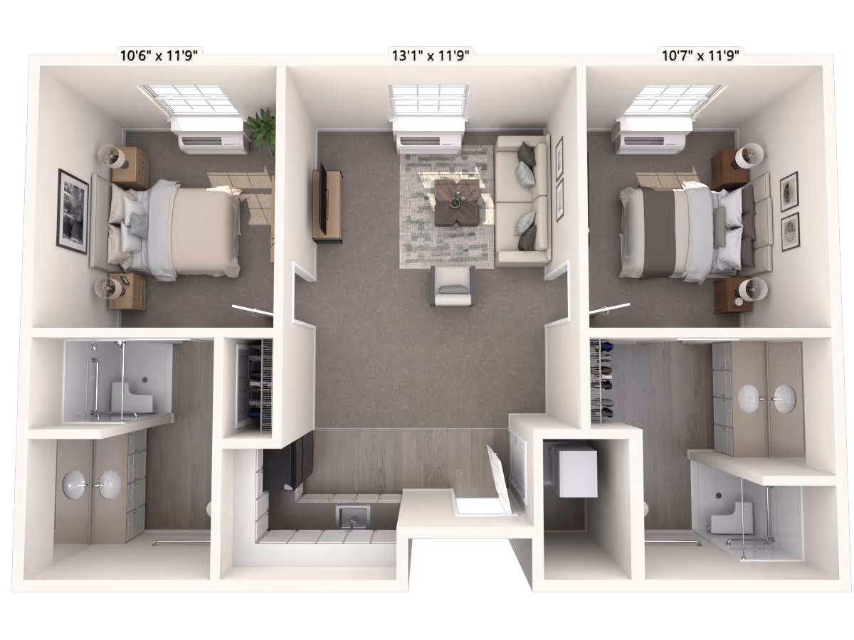 Top-down 3D floor plan of a two-bedroom apartment showing a central living room, kitchen, and two bathrooms.