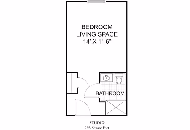 Black-and-white floor plan of a 295-square-foot studio showing a bedroom/living space (14' x 11'6"), entry area, and a bathroom with sink, toilet, and shower.