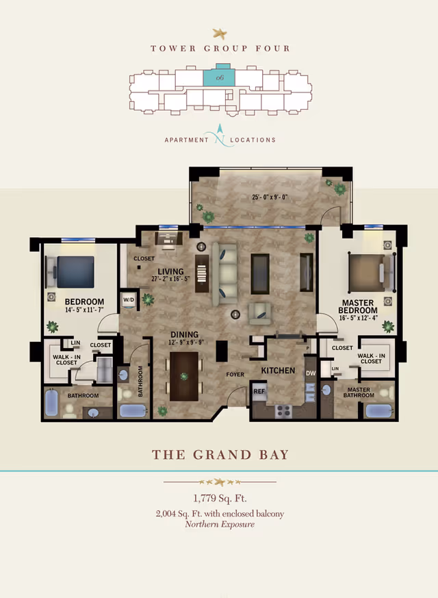 Floor plan of The Grand Bay apartment at Premier Place, showing two bedrooms including a master bedroom with walk-in closet and master bathroom, a living room, dining area, kitchen, two bathrooms, closets, and an enclosed balcony. The layout includes measurements for each room and highlights apartment location within Tower Group Four.