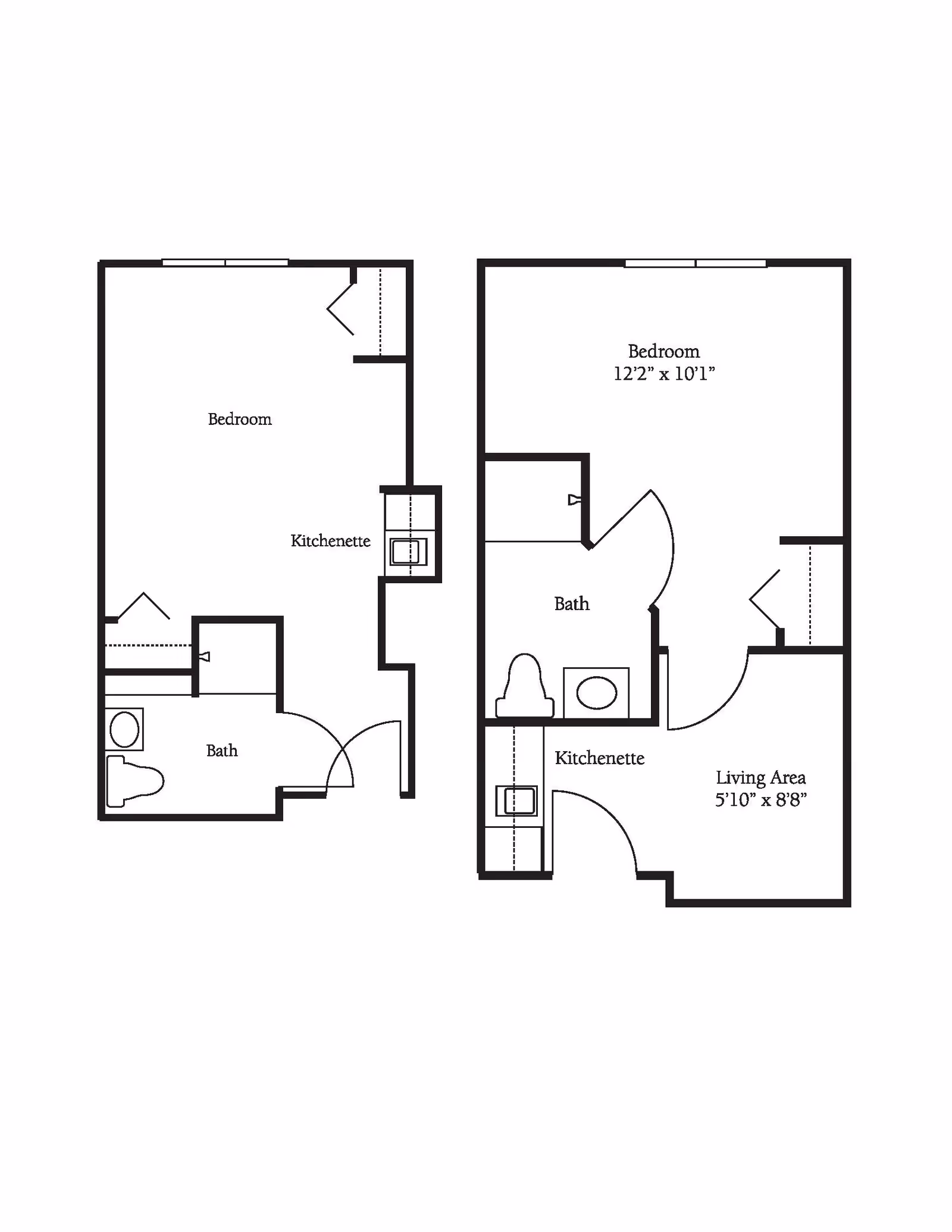 Architectural floor plan showing two layouts each with a bedroom, kitchenette, and bathroom. One layout includes a living area measuring 5'10" x 8'8", and the other is a simpler design with just a bedroom, kitchenette, and bath.