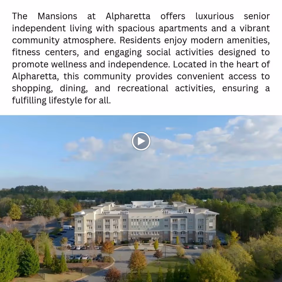 Aerial view of The Mansions at Alpharetta, a large senior independent living facility surrounded by trees and greenery under a partly cloudy sky.