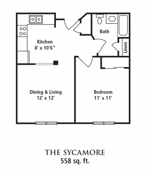 Floor plan layout of The Sycamore apartment at ProHealth Regency Senior Communities Brookfield, showing a kitchen, dining and living area, bedroom, bathroom, and linen closet with dimensions.