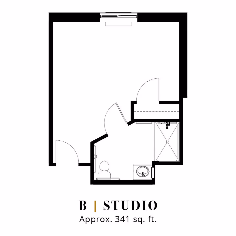 Floor plan of a studio apartment labeled 'B', approximately 341 square feet, showing layout with bathroom and living area.