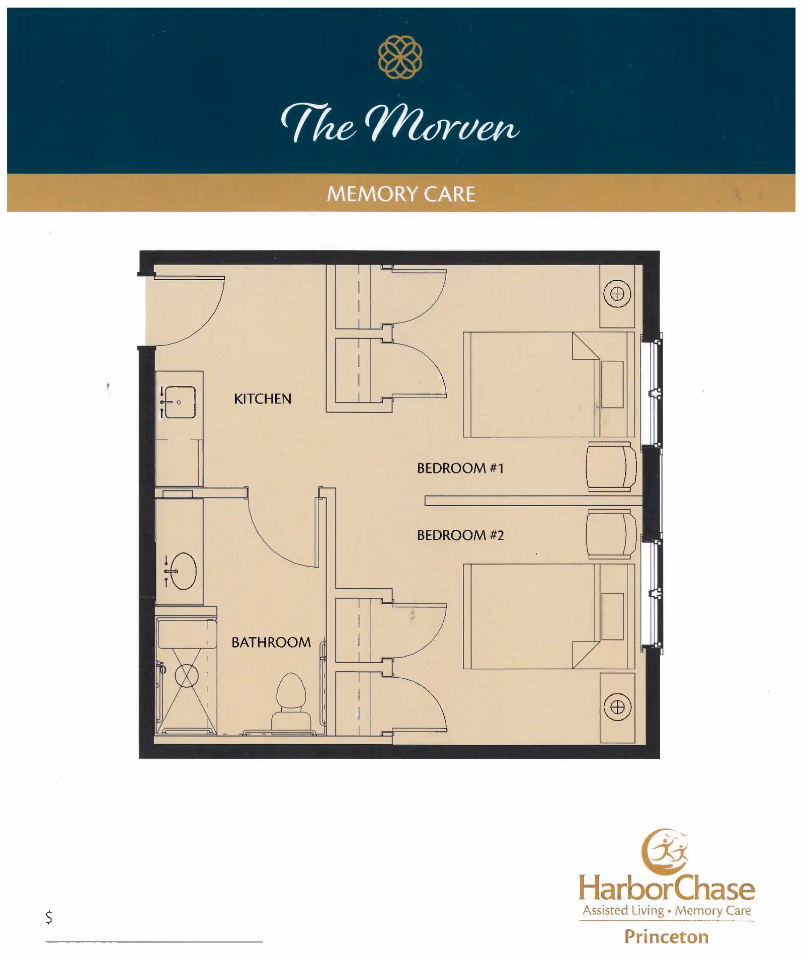 Floor plan titled The Morven Memory Care showing a layout with a kitchen, bathroom, and two bedrooms labeled Bedroom #1 and Bedroom #2. The plan includes doors, closets, and furniture placement. The HarborChase logo and text 'Assisted Living • Memory Care Princeton' is visible at the bottom right.