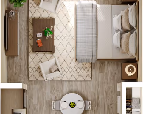 Top-down view of a studio apartment interior showing a bed with pillows, a seating area with rug and coffee table, and a small dining table and kitchenette.