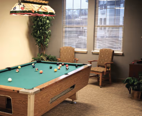 A recreational room with a pool table in the center, a hanging stained glass lamp above it, two upholstered armchairs near two windows with blinds, and some potted plants in the corners.