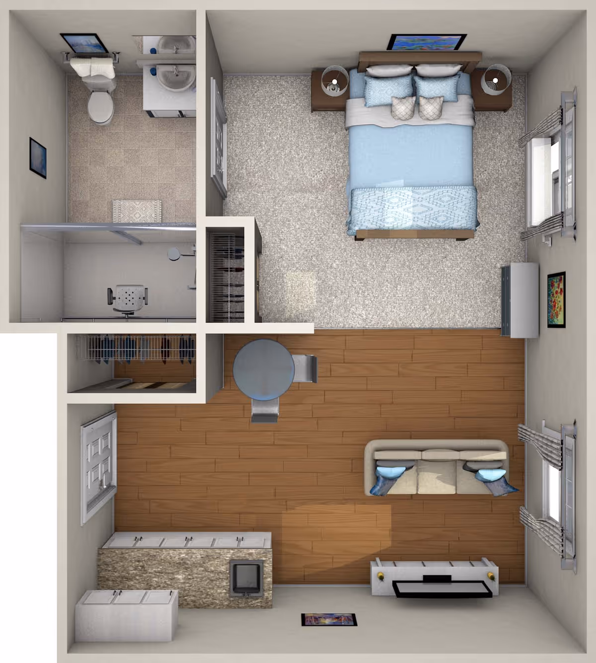 Top-down view of a senior living facility apartment layout featuring a bedroom with a double bed, two nightstands with lamps, and a window. Adjacent to the bedroom is a bathroom with a toilet, sink, and shower. The living area includes a small round dining table with two chairs, a sofa with cushions, a TV on a stand, and a kitchen area with cabinets and a countertop. The flooring varies between carpet in the bedroom and wood in the living and kitchen areas.