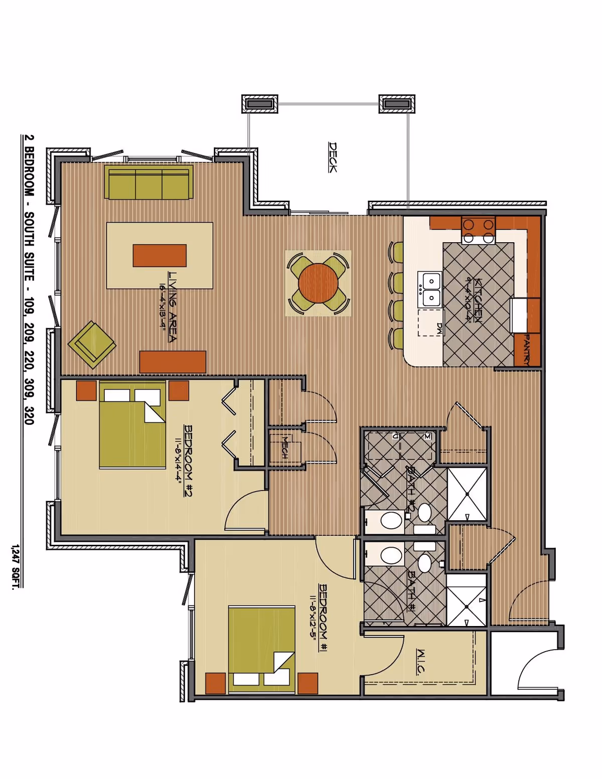 Floor plan of a two-bedroom south suite at Prairie Ridge of Galena, showing a living area with sofa and chair, a dining area with a round table and four chairs, a kitchen with an island and pantry, two bedrooms, two bathrooms, a walk-in closet, and a deck.