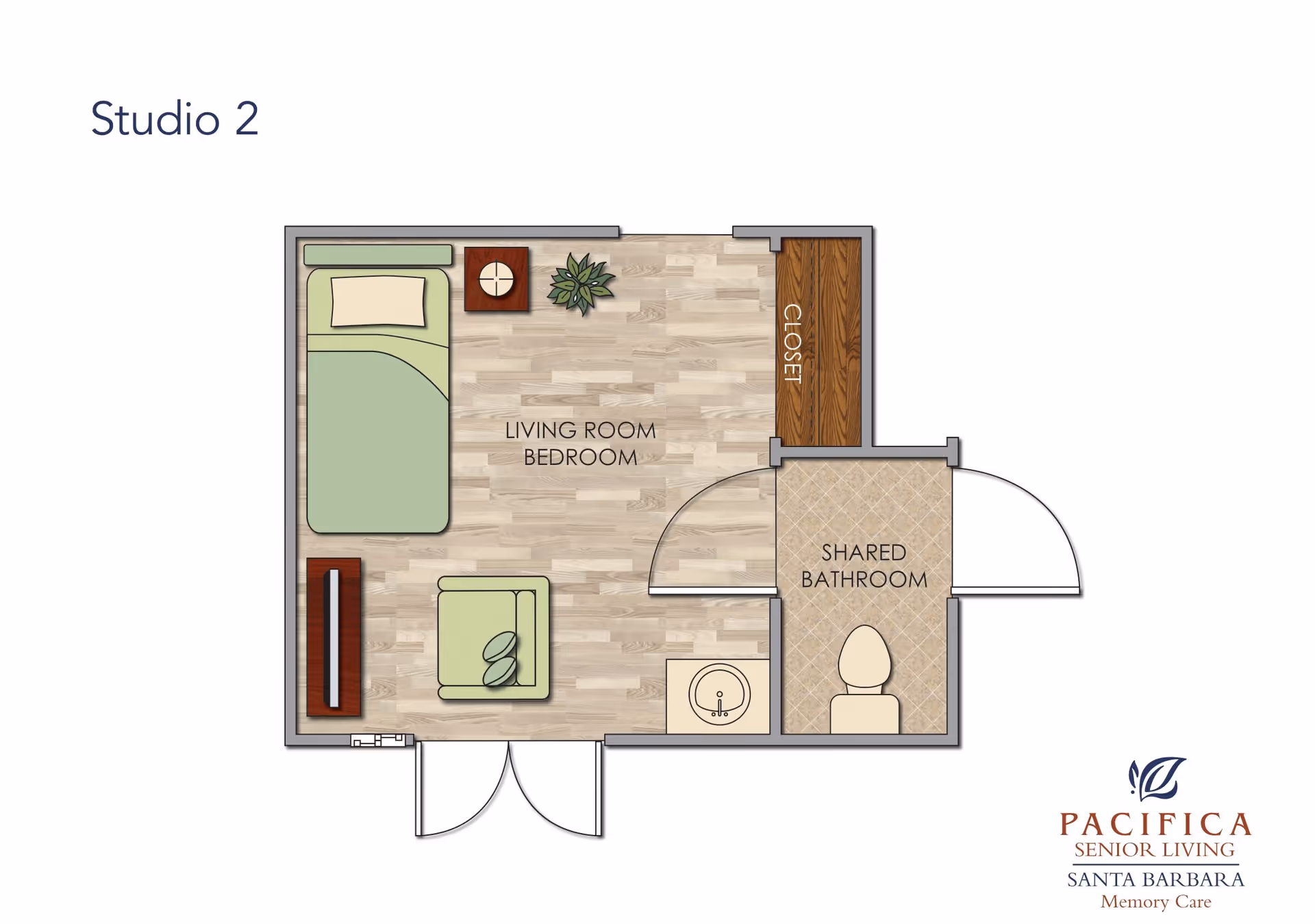 Floor plan labeled Studio 2 showing a combined living room and bedroom area with a bed, armchair, side table, plant, and closet. Adjacent to this room is a shared bathroom with a toilet and sink. The floor plan is from Pacifica Senior Living Santa Barbara Memory Care.
