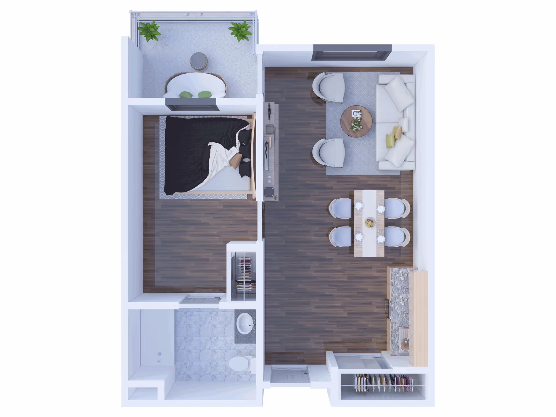 Top-down view of a senior living apartment floor plan featuring a bedroom with a bed and nightstand, a bathroom with a shower, toilet, and sink, a living room with a sofa, two chairs, and a coffee table, a dining area with a table and four chairs, a kitchen with a countertop and sink, and a small balcony with seating and plants.