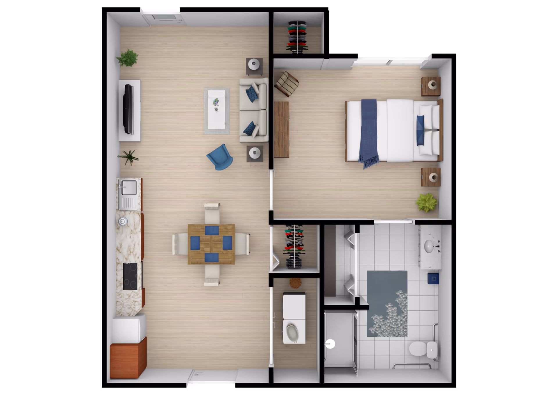 Top-down view of a one-bedroom apartment floor plan featuring a living room with a sofa, armchair, coffee table, TV, and plants; an adjacent kitchen with a sink, stove, refrigerator, and dining table with four chairs; a bedroom with a bed, two nightstands, a chair, a dresser, and a plant; a bathroom with a sink, toilet, shower, and rug; and two closets with hanging clothes.