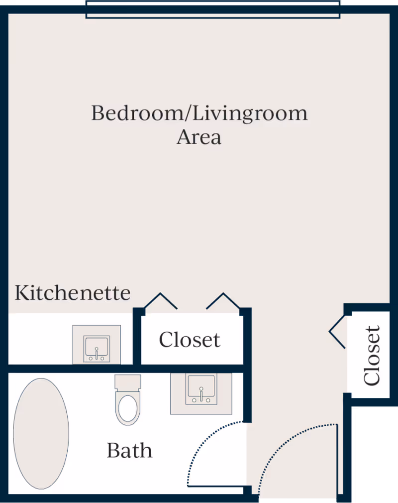 Floor plan layout showing a combined bedroom and living room area, a kitchenette, two closets, and a bathroom with a bathtub, toilet, and sink.