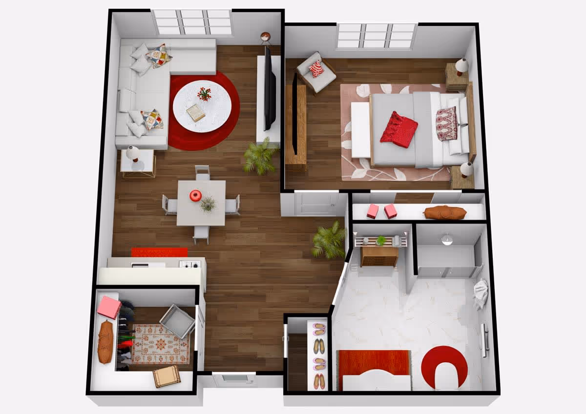 3D floor plan of a one-bedroom apartment featuring a living room with a sectional sofa, round coffee table, TV, and dining table with four chairs. The bedroom has a bed, nightstands, a chair, and a rug. There is a kitchen area, a walk-in closet, and a bathroom with a shower and vanity. The flooring is wood in the living and bedroom areas and tile in the bathroom.