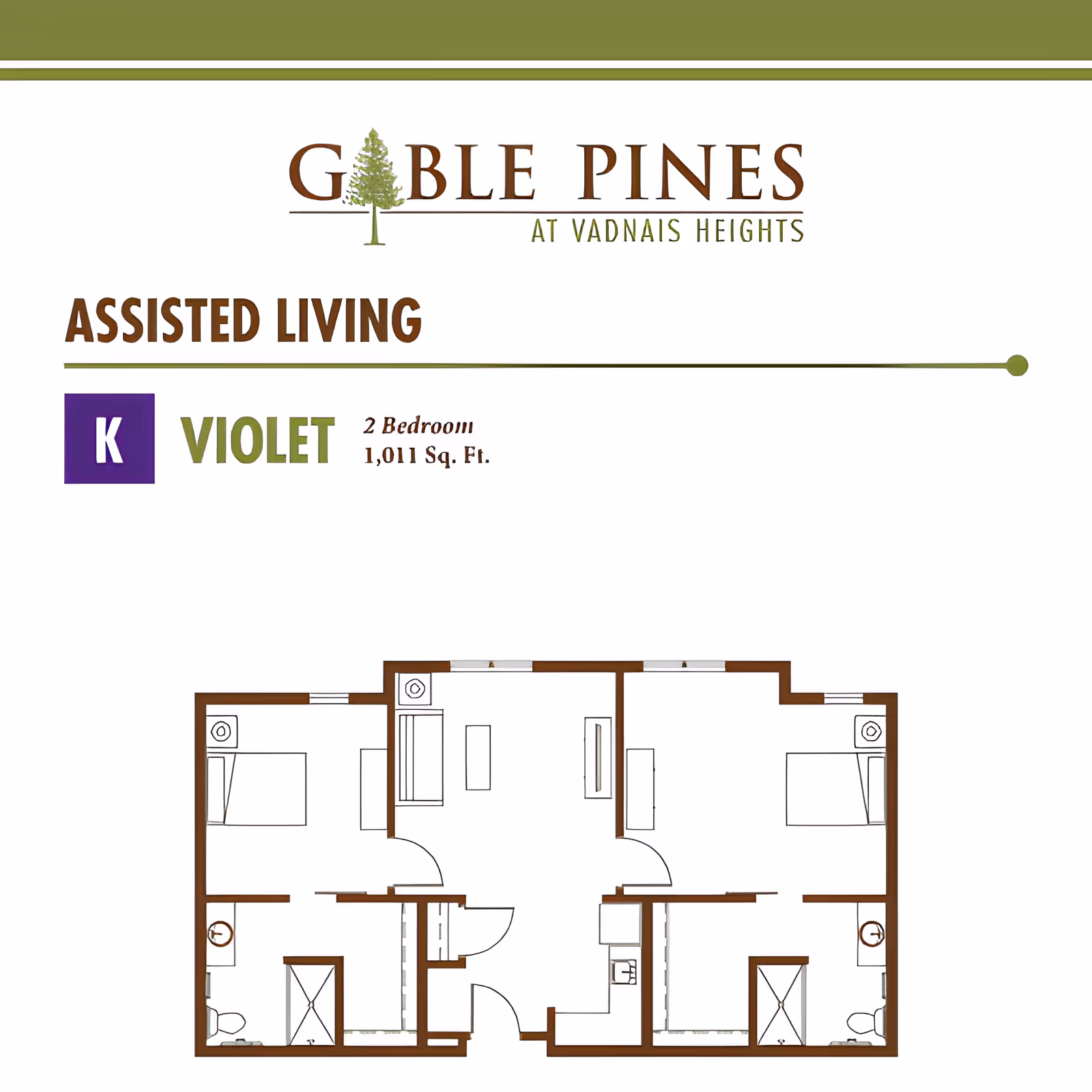 Floor plan for Gable Pines Assisted Living Violet unit, showing a 2-bedroom layout with living room, kitchen, bathrooms, and closets, totaling 1,011 square feet.