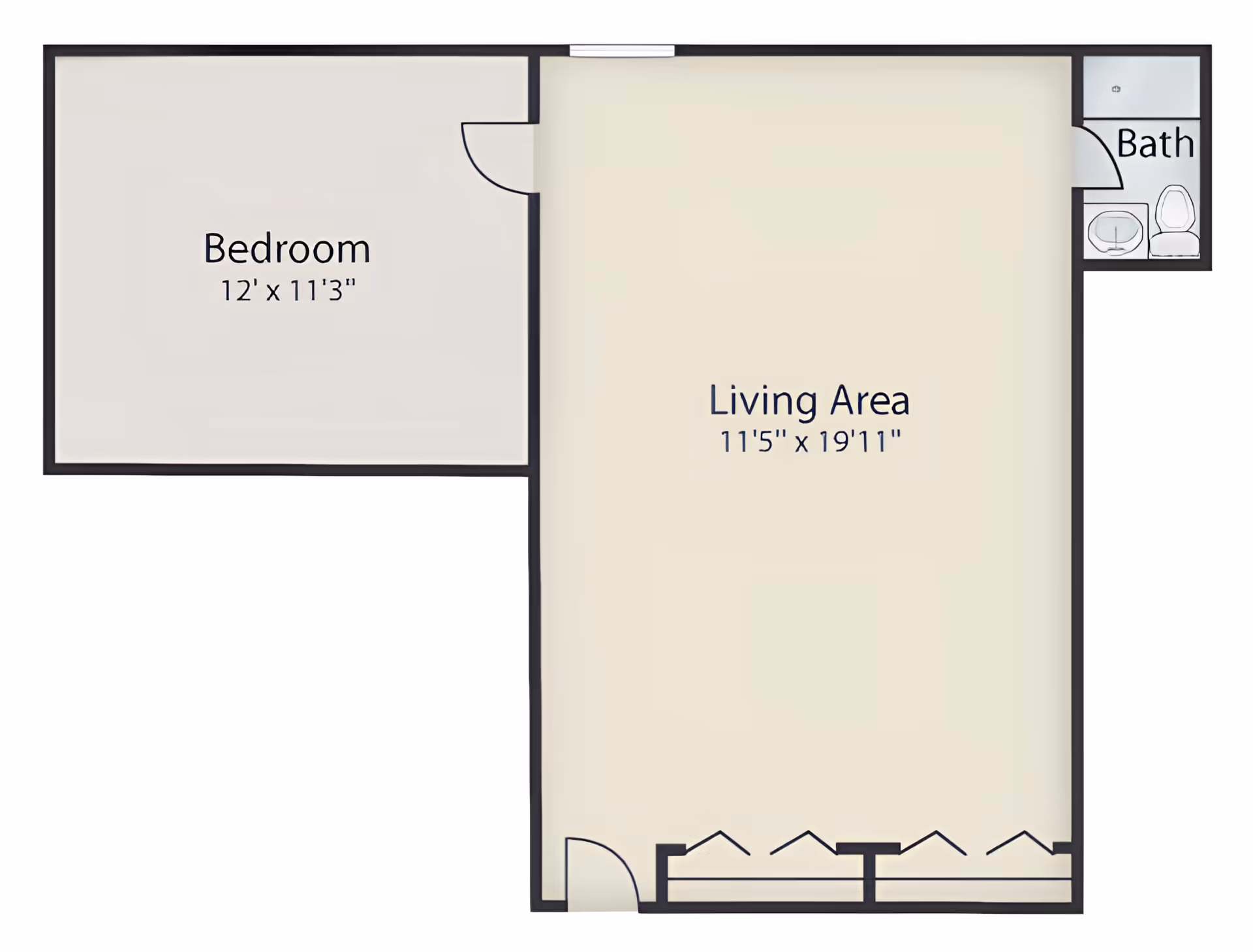 Floor plan of a senior living unit at Commonwealth Senior Living at Hampton showing a bedroom measuring 12 feet by 11 feet 3 inches, a living area measuring 11 feet 5 inches by 19 feet 11 inches, and a small bathroom with a sink and toilet.