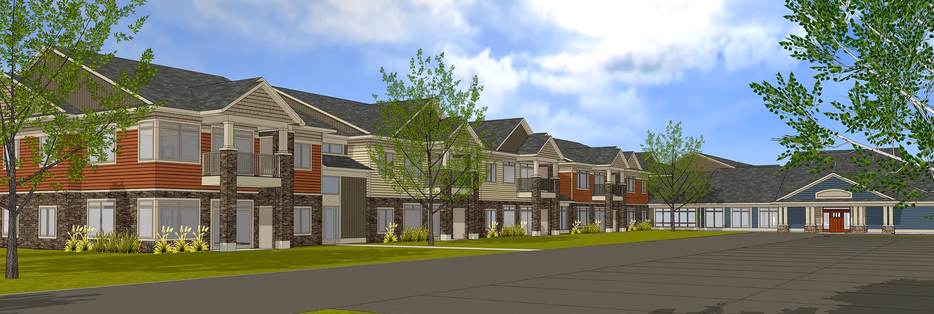 Exterior rendering of a two-story senior living building with balconies, landscaping, and a parking lot under a blue sky.