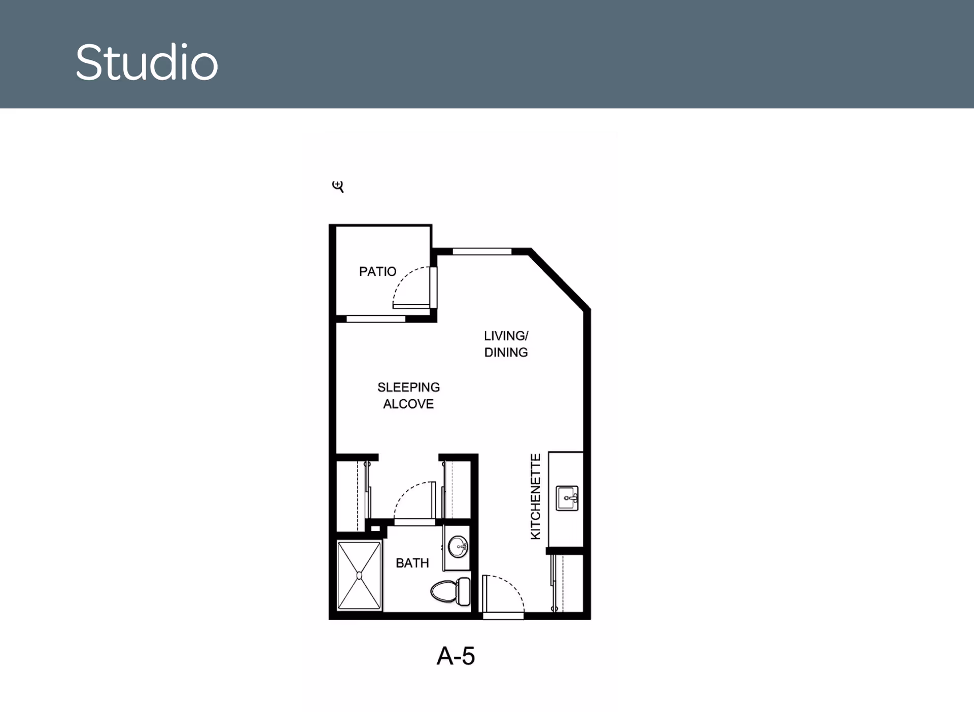 Floor plan labeled A-5 showing a studio layout with a patio, sleeping alcove, living/dining area, kitchenette, and a bathroom.