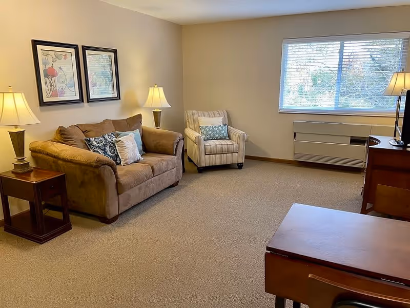 A cozy living room with a brown sofa adorned with decorative pillows, a striped armchair with a cushion, two table lamps on wooden side tables, framed artwork on the wall, a large window with blinds, and a wooden dresser with a TV on top.