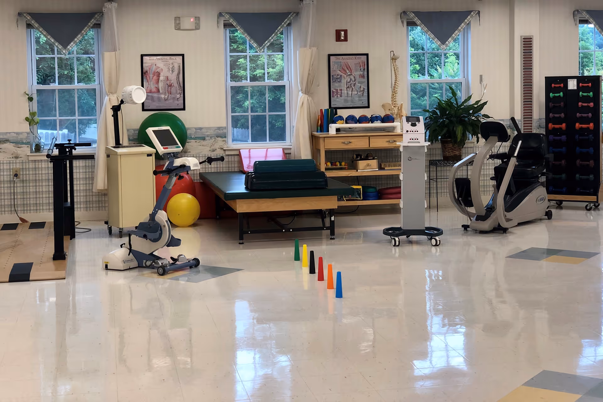 A physical therapy or rehabilitation room with exercise equipment including a stationary bike, therapy table, various exercise balls, small colorful cones lined up on the floor, a rack of dumbbells, and anatomical posters on the walls. The room has three windows with blue valances and white curtains, and a plant on a small table near the equipment.