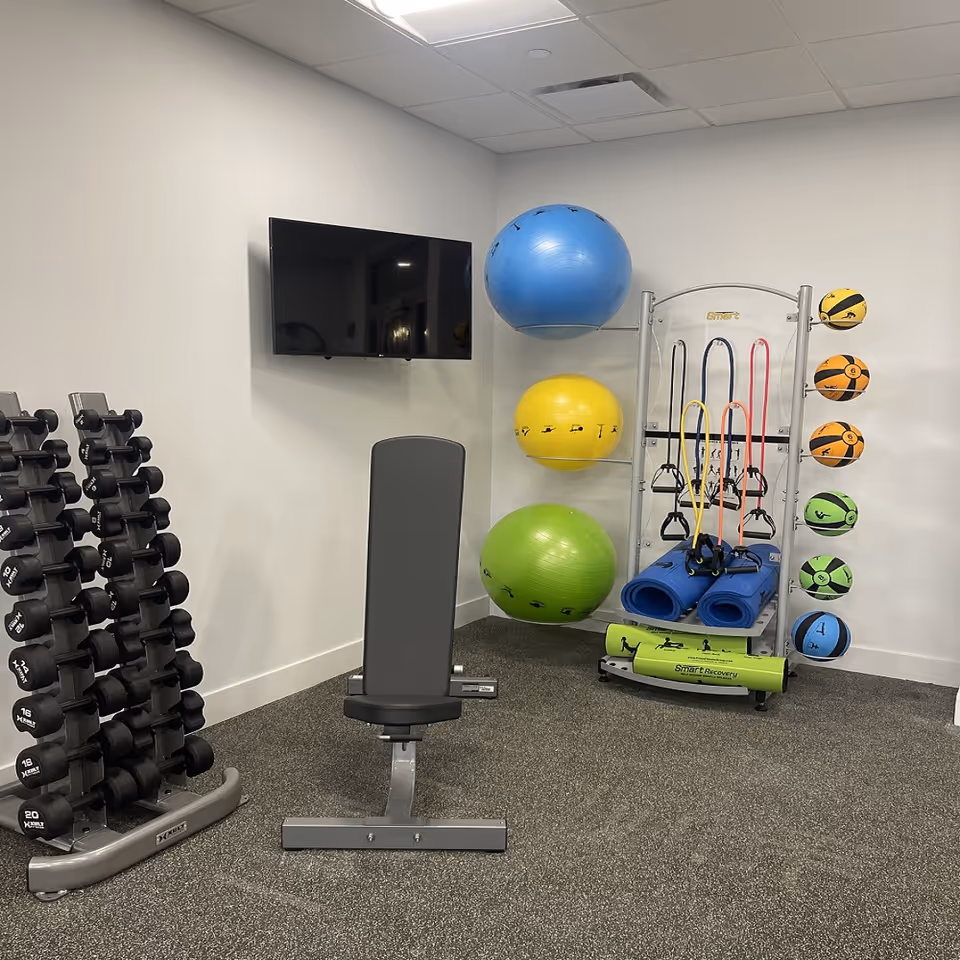 A small fitness room with a rack of dumbbells, an adjustable workout bench, a wall-mounted TV, and a rack holding three large exercise balls, several resistance bands, yoga mats, and medicine balls.
