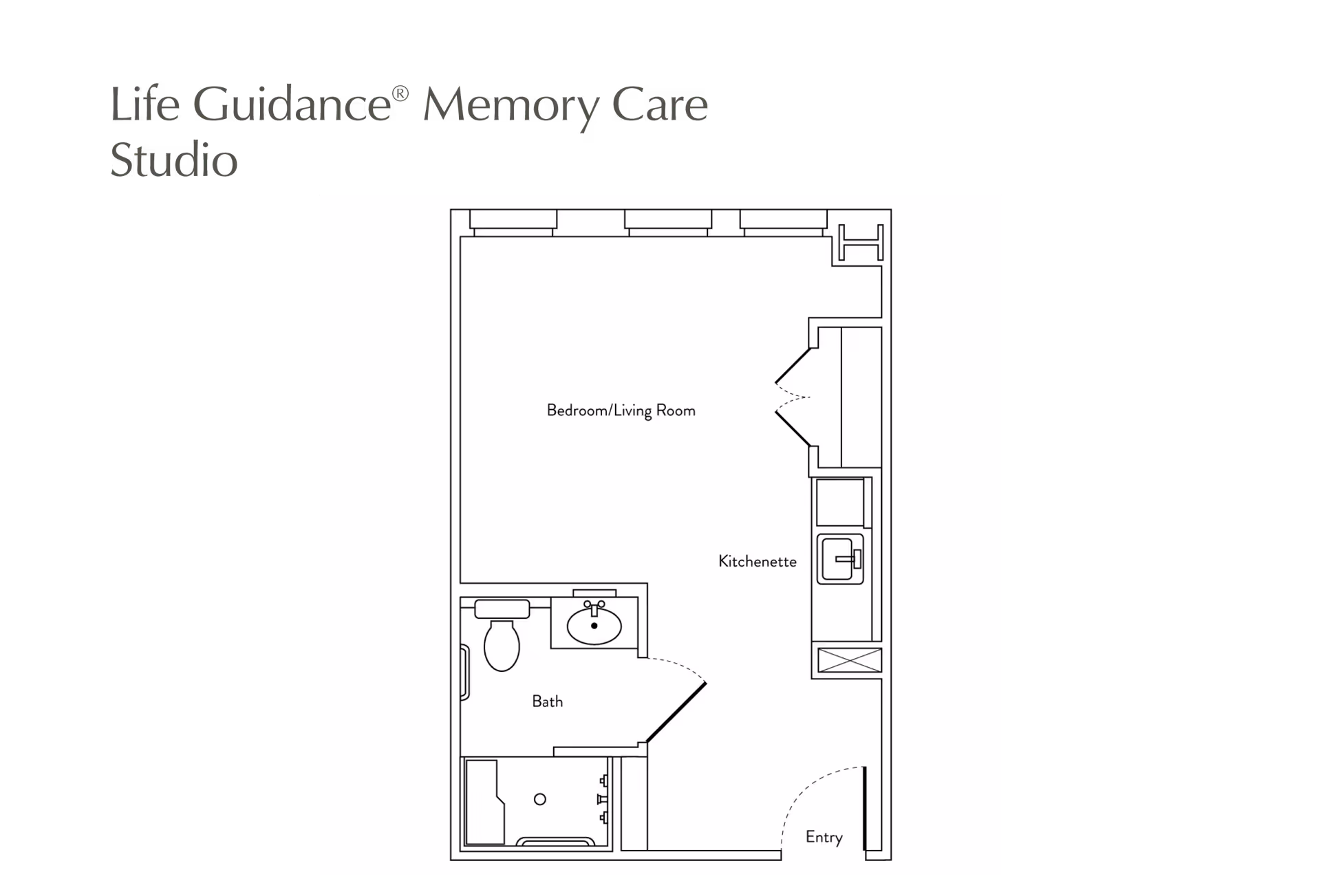 Floor plan of a Life Guidance Memory Care Studio at Atria Park of Pacific Palisades showing an entry, kitchenette, combined bedroom/living room, and a bathroom with a toilet, sink, and shower.