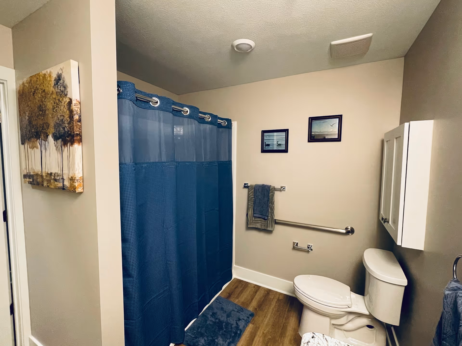 A bathroom with a white toilet, a blue shower curtain, a blue bath mat, and beige walls. There are two framed pictures on the wall above a towel rack holding two towels. A white cabinet is mounted on the wall above the toilet, and a painting of trees hangs on the adjacent wall.