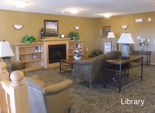 A cozy living room area with a fireplace in the center, flanked by wooden shelves with decorative items and plants. There are comfortable chairs and a sofa arranged around a coffee table, with lamps on side tables providing warm lighting. The walls are painted a soft beige color, and the carpet has a patterned design. The word 'Library' is visible in the bottom right corner.