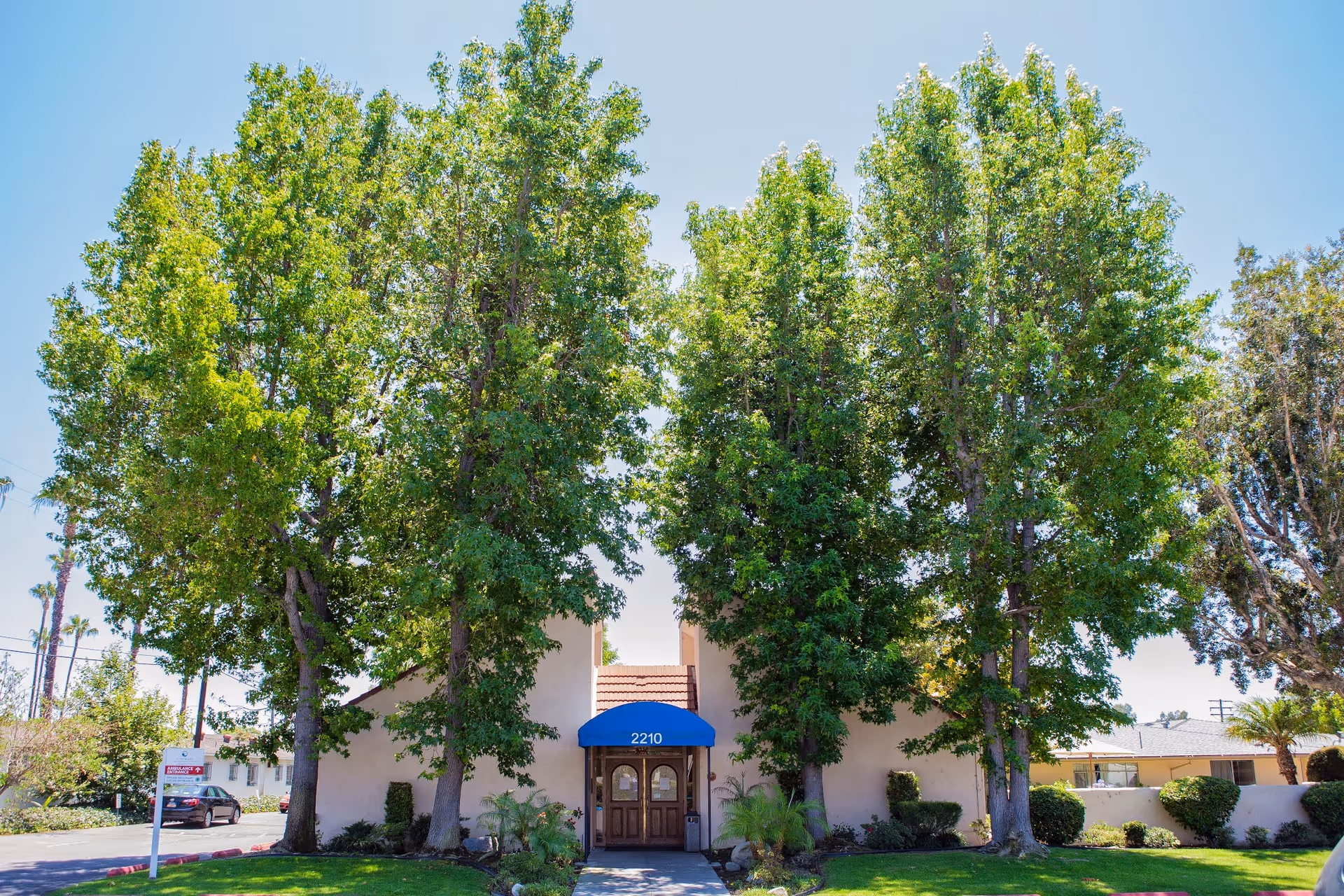 Front entrance of a single-story building with a blue awning numbered 2210, flanked by tall trees and a manicured lawn.