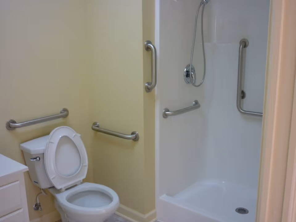 A bathroom with a white toilet with the seat lid open, multiple stainless steel grab bars on the walls, and a white shower stall with a handheld showerhead and additional grab bars.