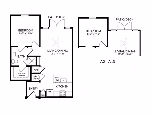 Architectural floor plan showing two variations of a one-bedroom apartment layout with labeled rooms including bedroom, bathroom, walk-in closet, kitchen, living/dining area, patio/deck, entry, pantry, washer/dryer, and air conditioning/water heater closet.
